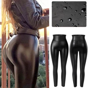 Damen Hohe Taille Kunstleder Skinny Hose Push Up Po Lift Stretch PU Leggings - Bild 1 von 15