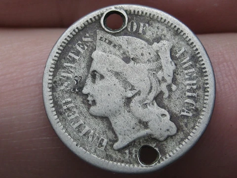 1865, 1875 or 1885 Three 3 Cent Nickel- VG Details, Holed Twice Cover