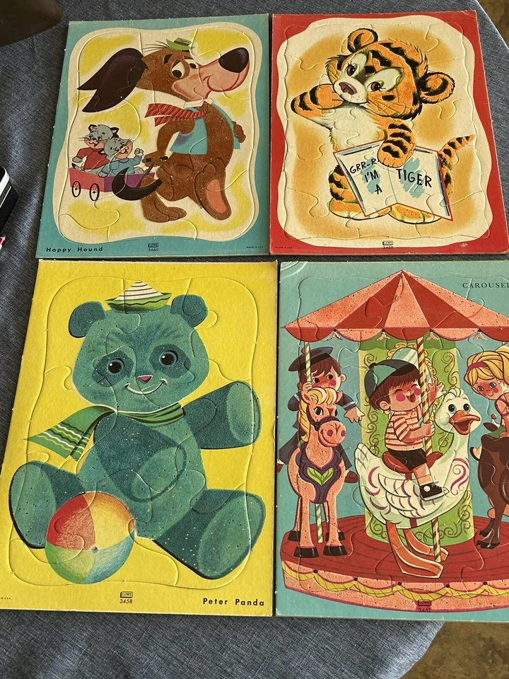 4 rompecabezas vintage de cartón flocado para niños perro, panda, tigre y carrusel Foto 1 de 4