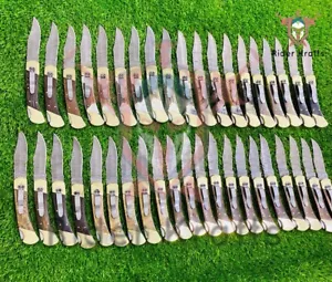 Lot Of 40 Backlock Damascus Folding knife with Pockletclip Stag Rams Horn Grip - Picture 1 of 10