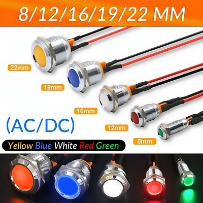 8/12/16/19/22mm Waterproof IP67 Metal LED Indicator Pilot Dash Light Panel Lamp - Image 1 of 4