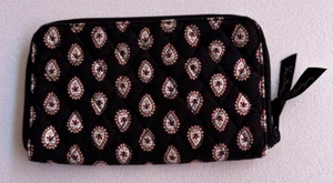 Vera Bradley Zip-Around Wallet Classic Black Paisley Credit Card ID Window Coin - Picture 1 of 10