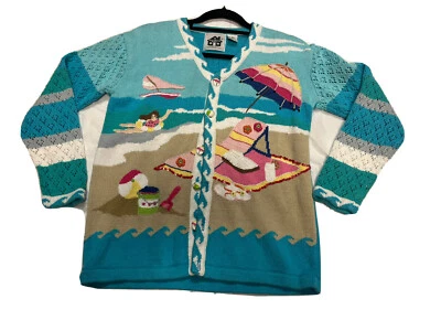 Cárdigan Suéter Vintage Libro de Cuentos Tejido Playa Sombrilla Arena Surf Arena Castillo S Foto 1 de 4