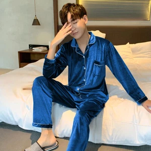 2PCS Men Velvet Pajamas Set Loungewear Sleepwear Long Sleeve Shirt Pants Comfort - Picture 1 of 18