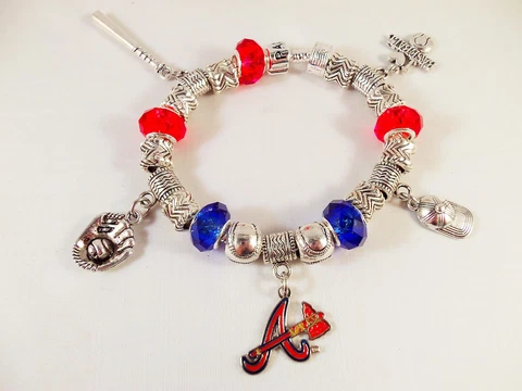 GLASS BEADS Official MLB ATLANTA BRAVES Baseball Charm Silver Bracelet RED BLUE Cover