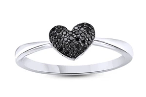 1/8ct Real Black Diamond Heart Anniversary Promise Ring for Women 10K Gold - Picture 1 of 16