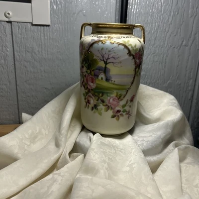 Jarrón antiguo de nipón pintado a mano - Cuentas Moriage rosa y oro - Japón Foto 1 de 4