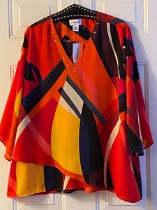 NWT Peck & Peck Sz 2XL Blouse 2 Layered Front 3/4 Sleeve Multi Geometric - Picture 1 of 10