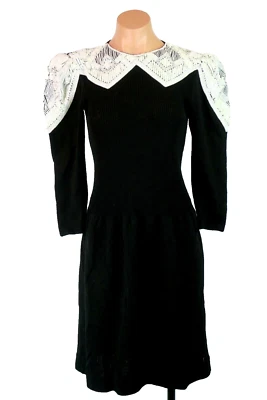 Vestido Suéter Estructurado Manga Puf Cuentas Tejido Santana Negro Blanco Vintage 6 Foto 1 de 4