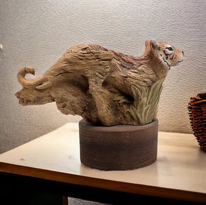 Rick Cain Sculpture Wood Carving Tiger Figurine "Jungle Graces" 6”H x 8"L x 3"W - Picture 1 of 10