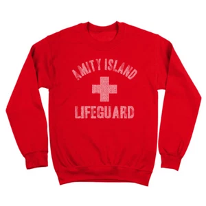 Amity Island Lifeguard Funny Jaws Shark Week Humor Red Crewneck Sweatshirt - Picture 1 of 3