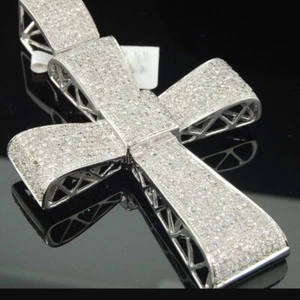 3.50 Ctw Real Moissanite 14K White Gold Plated Custom Cross Men's Pendant 3.10" - Picture 1 of 15