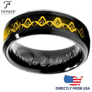 Tungsten Carbide Wedding Band Ring Freemason Masonic Inlaid Men 8MM FREE ENGRAVE