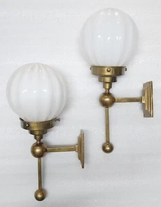 Pair Vintage Art Deco Brass Milk Glass Wall Fixture Sconces Ship Light Lamp - Picture 1 of 5