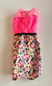 Vintage Barbie Clothes Mini Dress 80's Pink Black Geometric Skirt - Picture 1 of 3