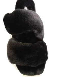 QUPID-KAYCE 2 BANDS FAUX FUR FLUFFY Flat Slide Square Toe Women Slip On Sandal - Picture 1 of 12