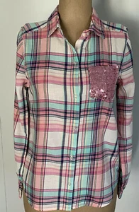 Junior Girls So Plaid long sleeve shirt Size 14 Pink White Teal Navy Preowned - Picture 1 of 11