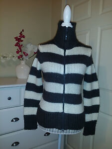 XX by MEXX Zip Up Cardigan Sweater Gray & White Striped Fuzzy Wool Blend Sz.M