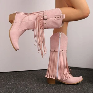 Botas hasta la rodilla con borlas de vaquero occidental para mujer con hebilla tacón medio bloque punta - Imagen 1 de 29