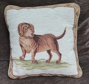 Vintage Needlepoint Dog Pillow Labrador Daschund 10" x 10" Tan Velvet Back - Picture 1 of 6