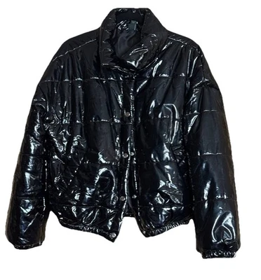 Wild Fable Women’s Blk Puffer Jacket Coat Snap Front Liquid Leather PVC Wet Look - Image 1 of 4