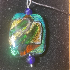 Handmade in USA Fused Dichroic Glass Pendant with 18" Soft Leather Necklace - Picture 1 of 5