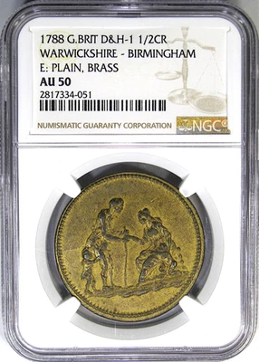 1788 G BRIT HALF CROWN DH-1 NGC AU50 WARWICKSHIRE  ~ RARE CHOICE ORIGINAL BRASS! - Image 1 of 4