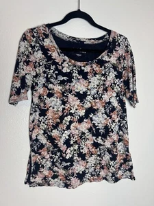 J. Jill Pima Scoop Neck Elbow Sleeve Tee Floral Navy Fresh Bloom Print T-shirt S - Picture 1 of 7