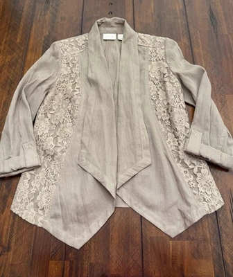 Chicos Tan Waterfall Open Front W/Lace Panels Jacket- Size 0- Excellent! - Image 1 of 4