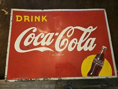 Letrero de hojalata Coca-Cola 1948 27"x19" botella de disco amarillo de bebida R.S.Co original Foto 1 de 4