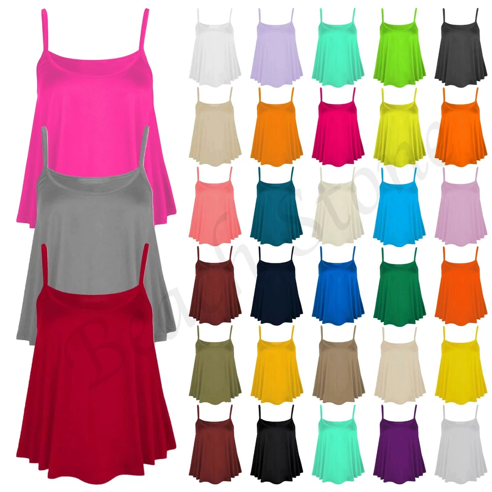 Women's Plain Cami Swing Vest Ladies Sleeveless Strappy Flared Top UK Size 8-24 - Image 1 of 1