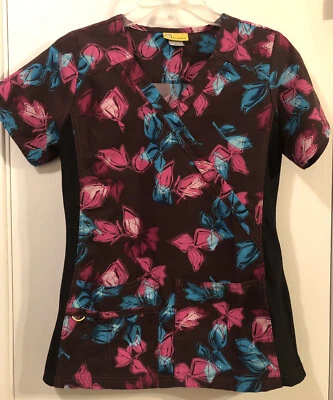 WONDER WINK Scrub Top Short Sleeve V-neck 4 Way Stretch Brown Floral XS - Image 1 of 4
