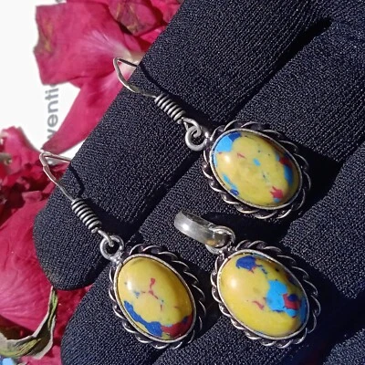 Juego de pendientes colgantes de piedras preciosas de jaspe de mosaico enchapado en plata 925 conjunto ajustable regalo Foto 1 de 2