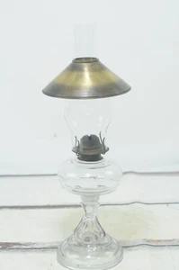 Antique . Vintage Glass Oil Lamp Stacked Glass Base Hurricane Glass Brass Shade - Picture 1 of 12