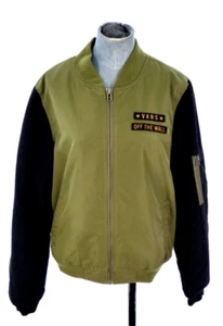 VANS Bomber Jacket Y2K Military Green Army Pilot Front Zip Logo Black Sleeves L - Picture 1 of 19