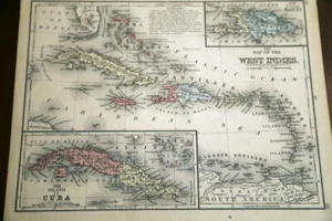 1865 AUGUSTUS MITCHELL ORIGINAL ANTIQUE ATLAS MAP-CUBA-WEST INDIES-HANDCOLORED - Picture 1 of 1