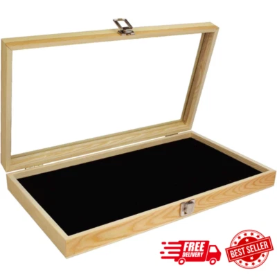 Wooden Jewelry Display Case with Tempered Glass Top Lid SHIPS FREE - Image 1 of 4