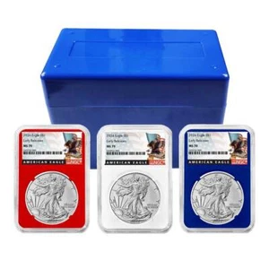 2024 $1 American Silver Eagle 3pc Set NGC MS70 ER Black Label Red White Blue - Picture 1 of 5