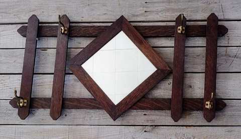 Antique Mission Arts & Crafts Oak Slat Hall Tree Hat Rack w/ Diamond Mirror Cover
