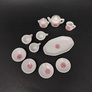 Miniature Tea Set White Pink Flower Teapot Creamer Sugar Tray Cups Saucers *READ - Picture 1 of 4