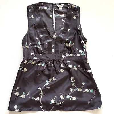 Blusa De Colección Y2K Años 90 Antigua Azul Marino M Seda Satén Babydoll Floral Sin Mangas Cuello en V Asiática Foto 1 de 4