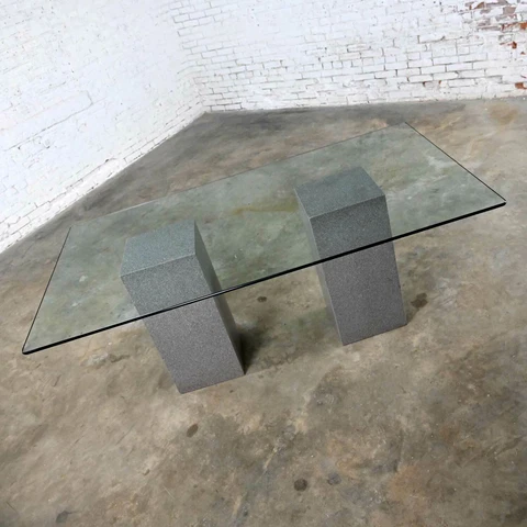 Vintage Modern Double Pedestal Dining Table with Rectangular Glass Top Cover