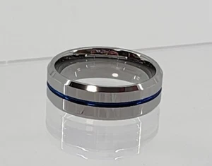 Men's Tungsten Carbide 8mm Ring Silver Thin Blue Groove Beveled Edge Size 13 - Picture 1 of 3