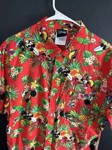 Disney Hawaiian Button Up Mickey Minnie Mouse Surfing Red Floral Shirt Large - Picture 1 of 6