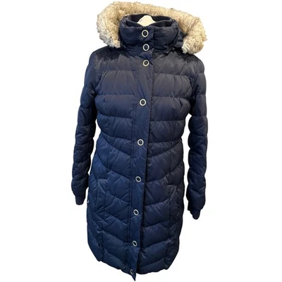Esprit Quilted Down Puffer Jacket Parka Long Navy Gold Fur Detachable Hood Sz L - Image 1 of 4