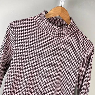 Basic Editions Turtleneck Top Shirt Womens M Houndstooth Black Pink Retro - Image 1 of 4