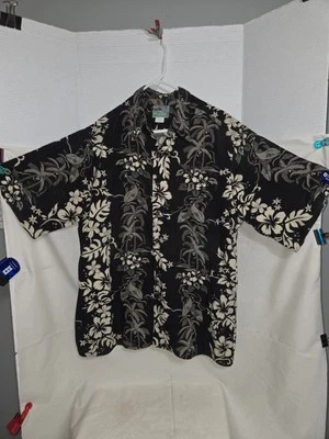 Camisa Reyn Spooner preta Koi peixe assustador palma hibisco modal havaiana aloha grande - Imagem 1 de 4