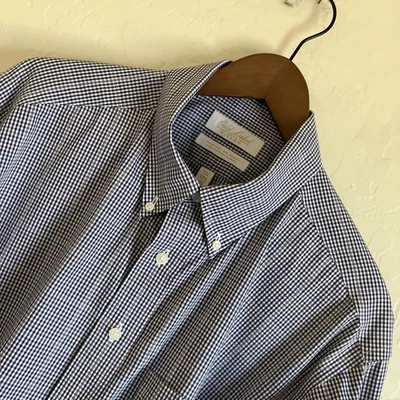 Roundtree Yorke Gold Label Dress Shirt Mens 36 17.5 Blue White Plaid EZ Wash - Image 1 of 4