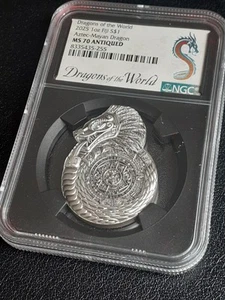 Moneda Dragón Maya Azteca Fiji 2025 NGC MS70 1 OZ .999 Plata Dragones del Mundo - Imagen 1 de 8