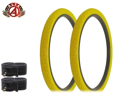 2 ALTA BICYCLE CRUISER DURABLE TIRE 26 x 1.95 YELLOW CITY CAVALIER SLICK W/Tubes - Image 1 of 2
